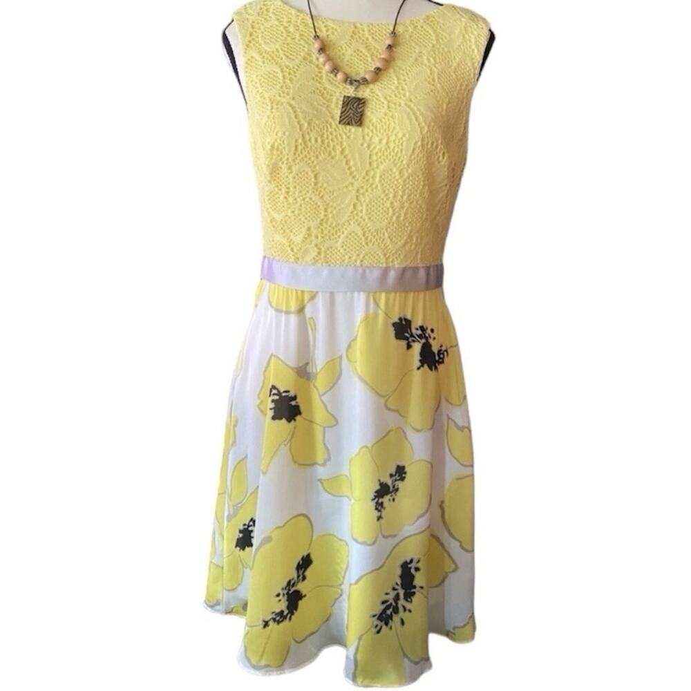 Studio One Yellow Floral Lace Fit Flare Dress Size 8 Spring Garden Party - Picture 2 of 9